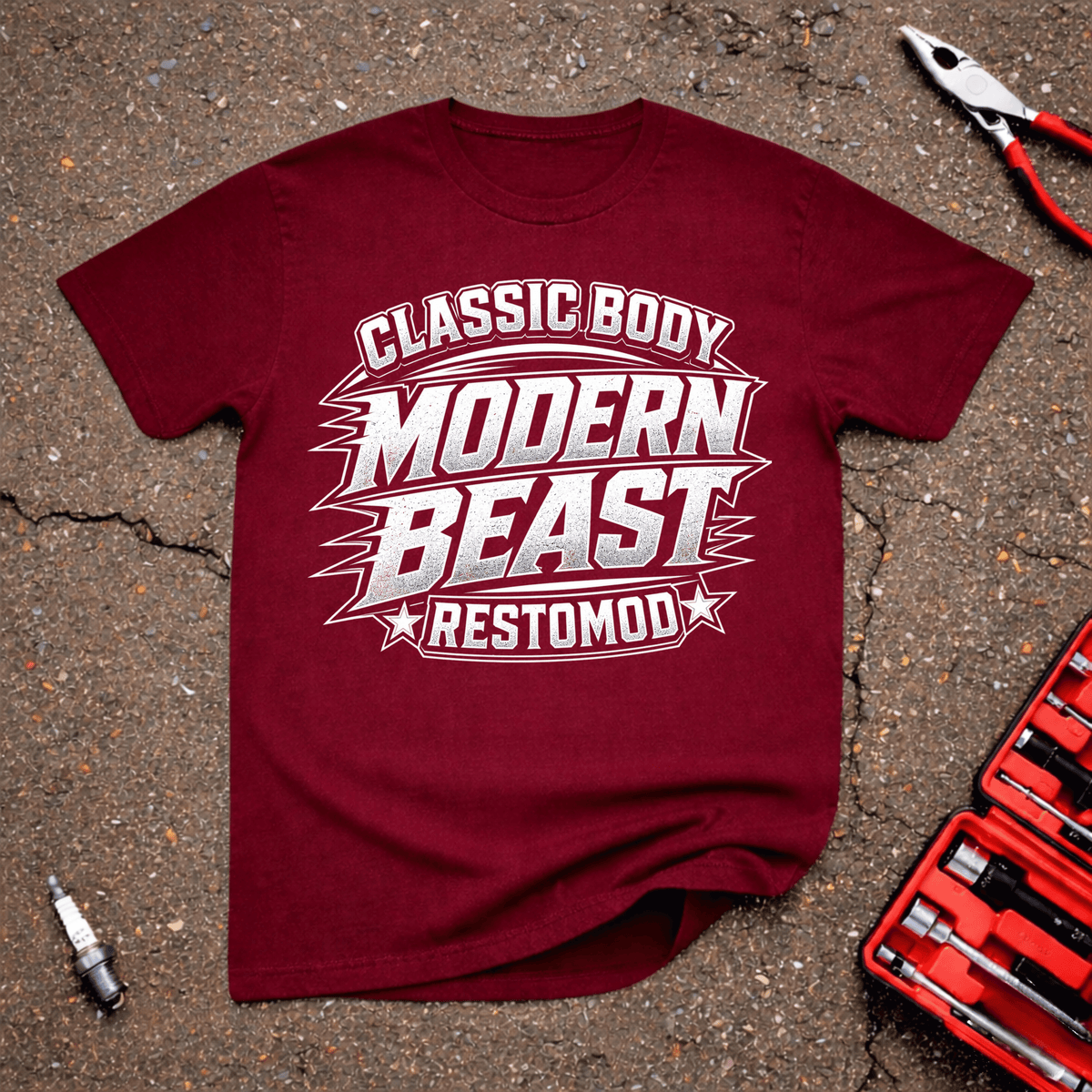 Modern Beast restomod T-shirt with bold white distressed lettering reading Classic Body Modern Beast Restomod on Cardinal Red shir.t