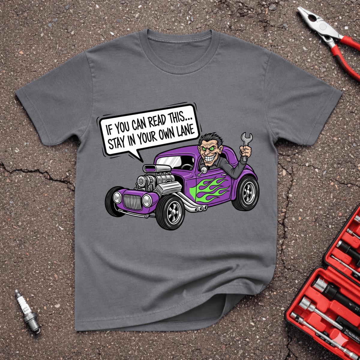 Garage Giggles In Your Lane T-Shirt featuring a purple hot rod and funny stay in your own lane automotive graphic.