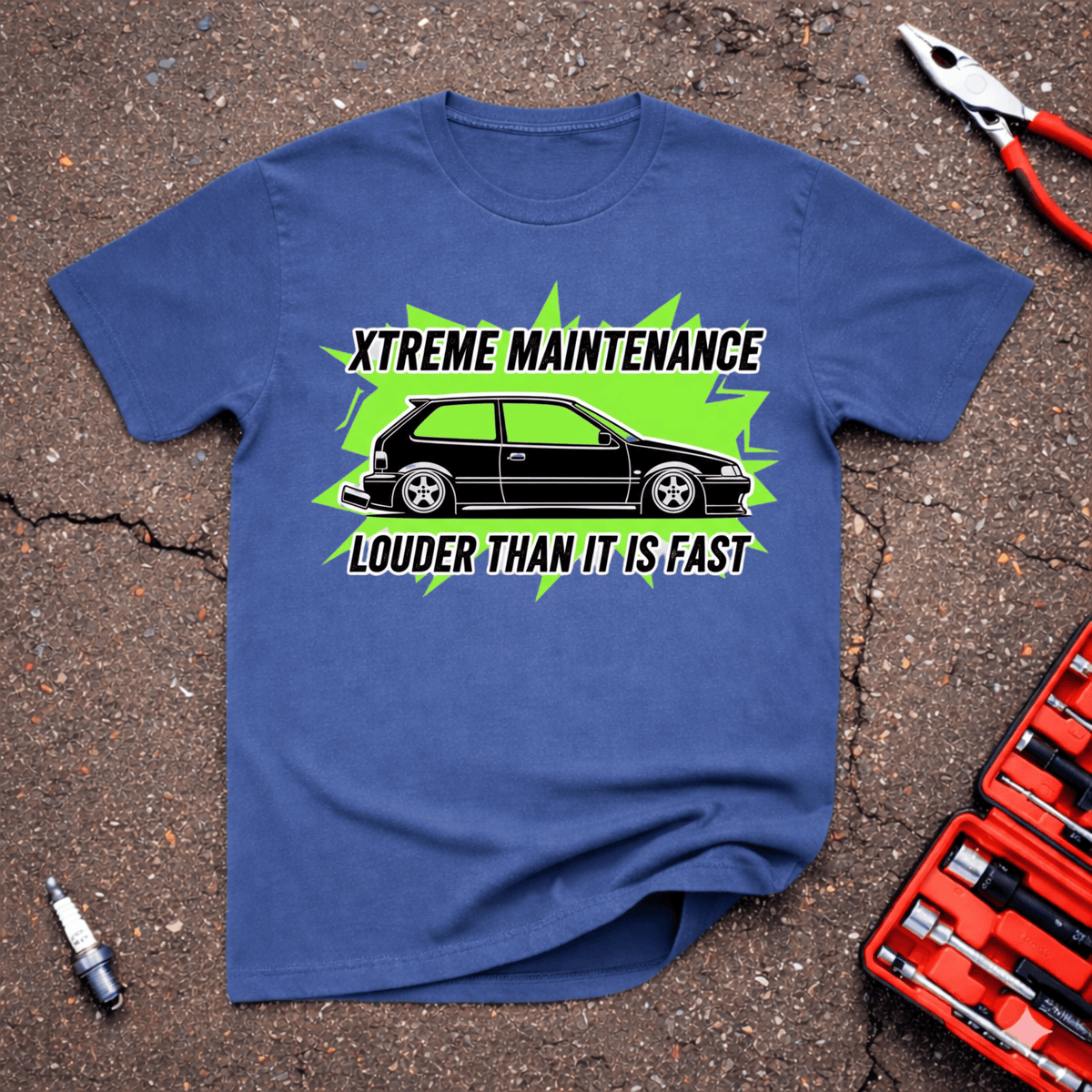 Garage Giggles Louder Than Fast T-Shirt featuring a lowered black tuner car with Xtreme Maintenance automotive humor design.