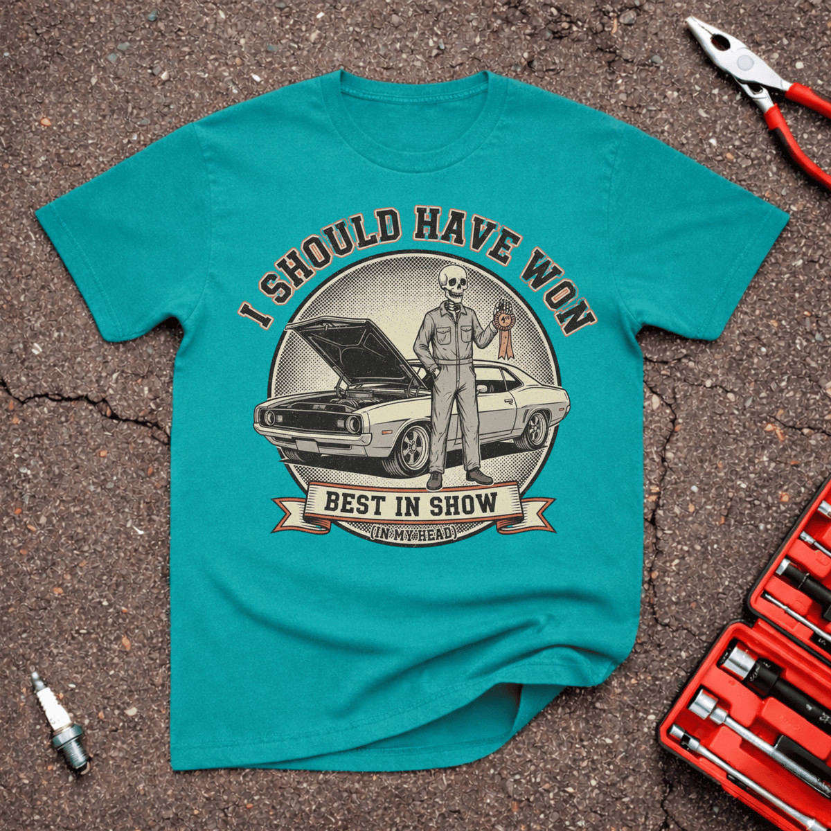 In My Head funny car show T-shirt with skeleton holding award beside classic muscle car and text reading I Should Have Won Best In Show In My Head on Jade Dome shirt.