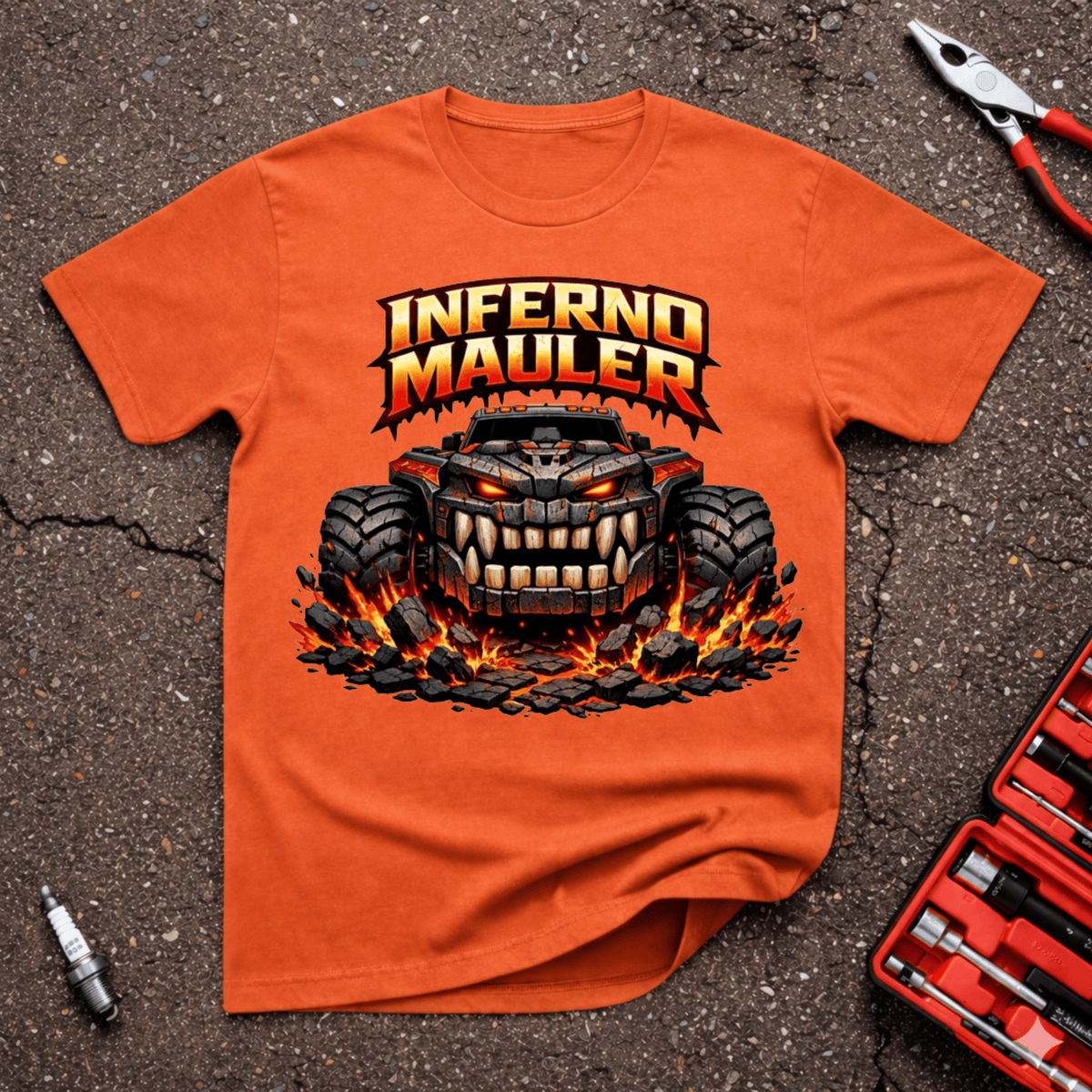 Inferno Mauler funny monster truck T-shirt with giant black truck, glowing red eyes, huge teeth, flames, broken pavement, and Inferno Mauler lettering on orange shirt.