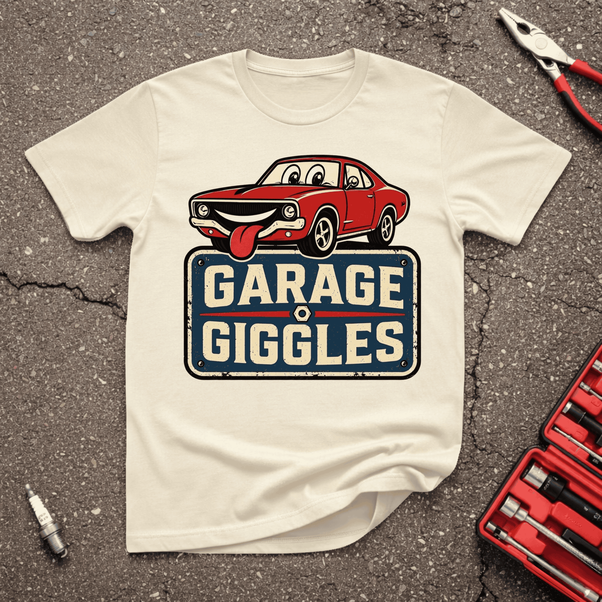Garage Giggles Logo Retro vintage distressed metal sign grinning cartoon muscle car t-shirt on sand — GarageGiggles automotive humor apparel