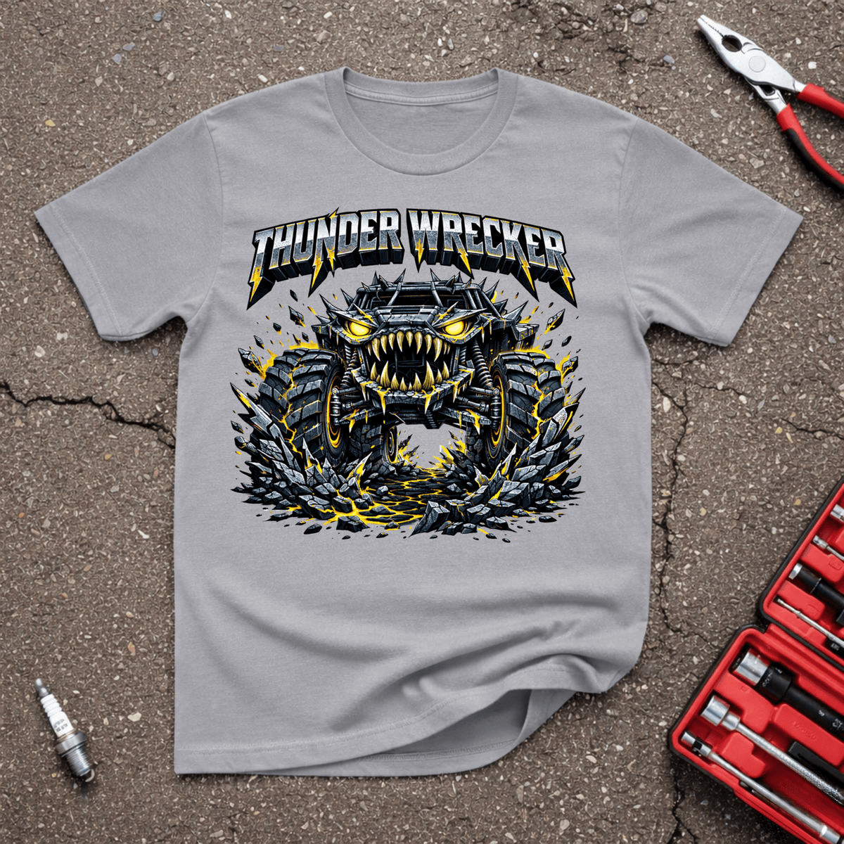 Thunder Wrecker funny monster truck T-shirt with giant spiked truck, glowing yellow headlights, fang-like grille, shattered rock, lightning accents, and Thunder Wrecker lettering on Sport Grey shirt.