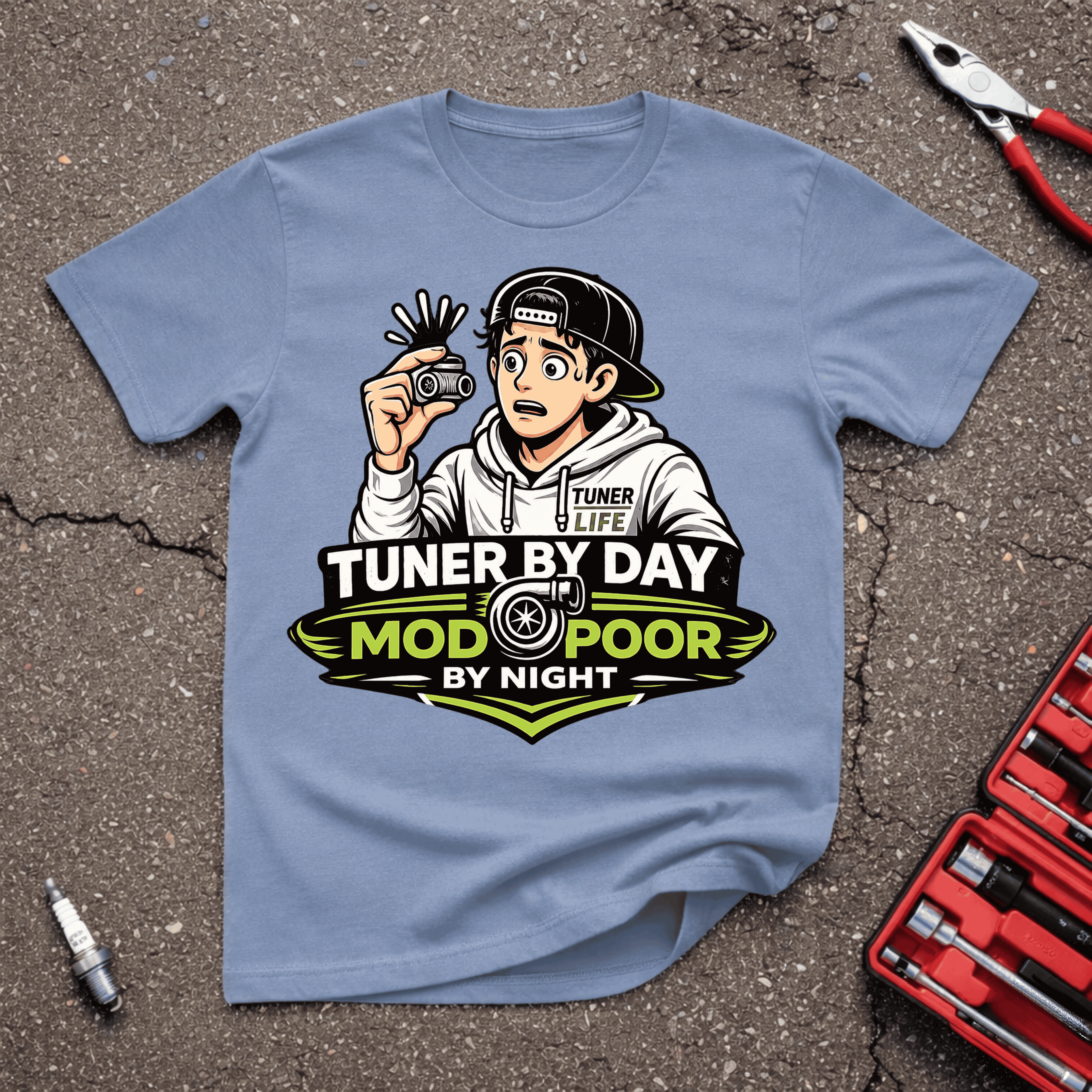 Tuner By Day Mod Poor By Night anime style JDM tuner culture t-shirt on stone blue with turbo and shocked character — GarageGiggles automotive humor apparel