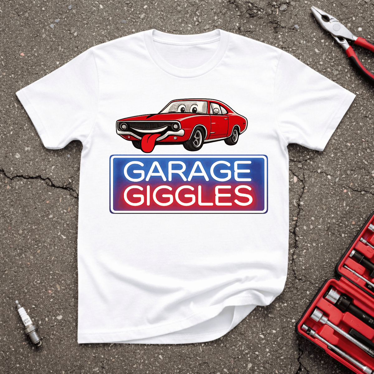Garage Giggles Logo T-Shirt grinning cartoon muscle car neon badge brand shirt on white — GarageGiggles automotive humor apparel